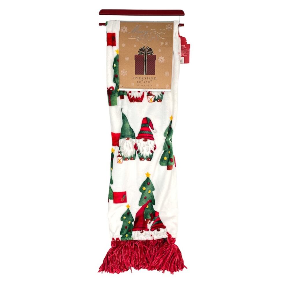 Merry & Bright Gnome and Christmas Tree Throw Blanket, White, 50x70
